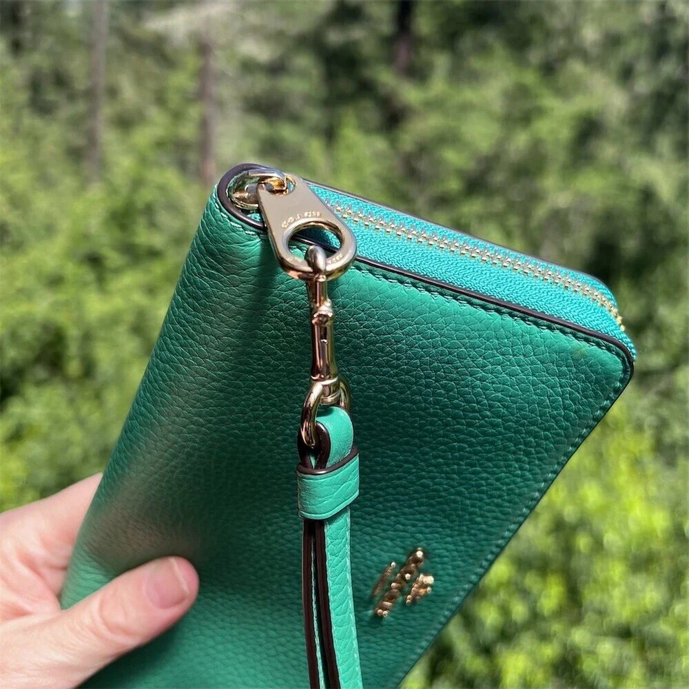 COACH Long Zip-Around Green Pebble Leather Wallet with Gold Hardware AUTHENTIC